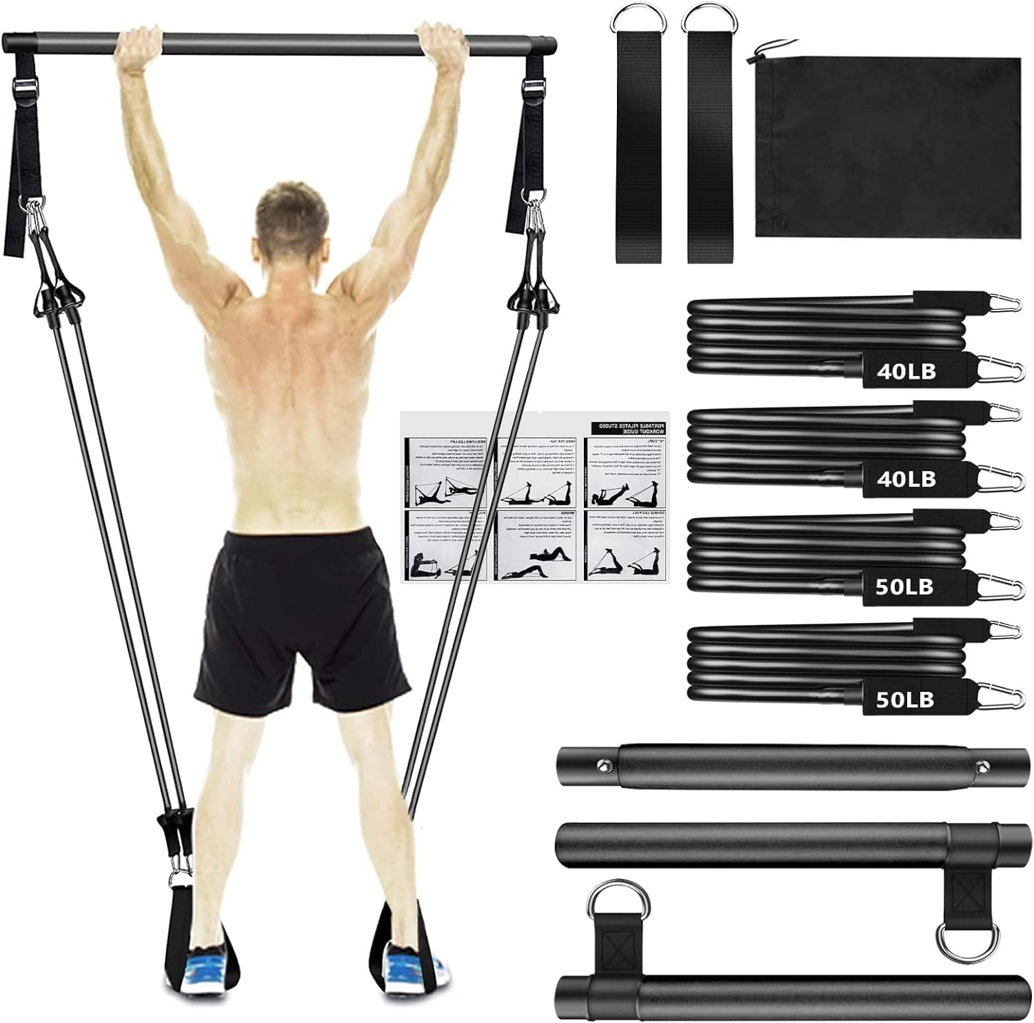 Pilates Bar Kit with Resistance Bands (40Lbs&50Lbs),  3-Section Resistance Band Bar with Adjustable Length, Workout Equipment for Home Gym Workout Legs and Butt for Full Body Shaping